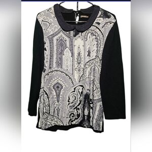 J. McLaughlin EUC Elegant Black and Gray Paisley Women's Top XL PTP 22